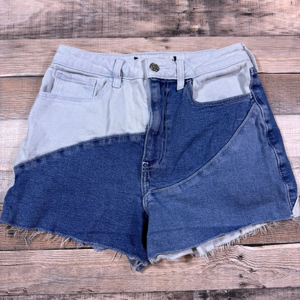 Hollister Womens High Rise Colorblock Denim Shorts Blue Multi Tone Raw Hem